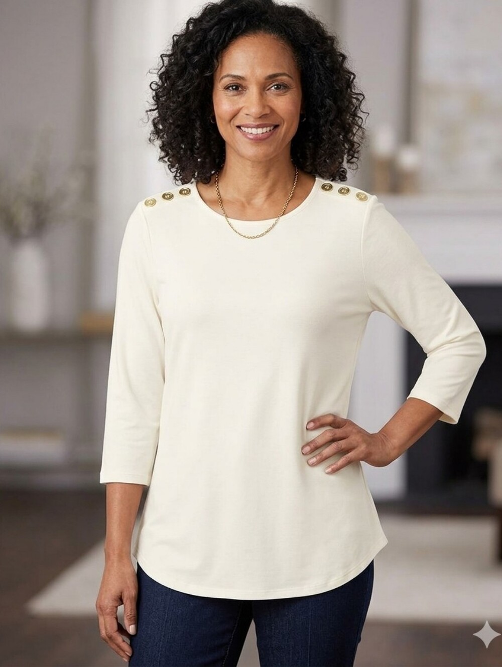 NWT Kim Rogers 3/4 Sleeve Button Shoulder Top - Picture 1 of 8